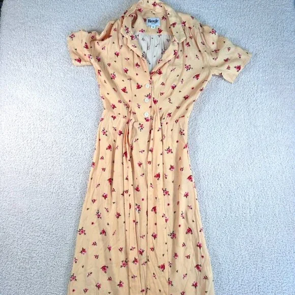 Rouje Paris Womens Midi Plunge Neck Dress Yellow Floral Size 34 US 2 Summer Lux - Picture 3 of 12